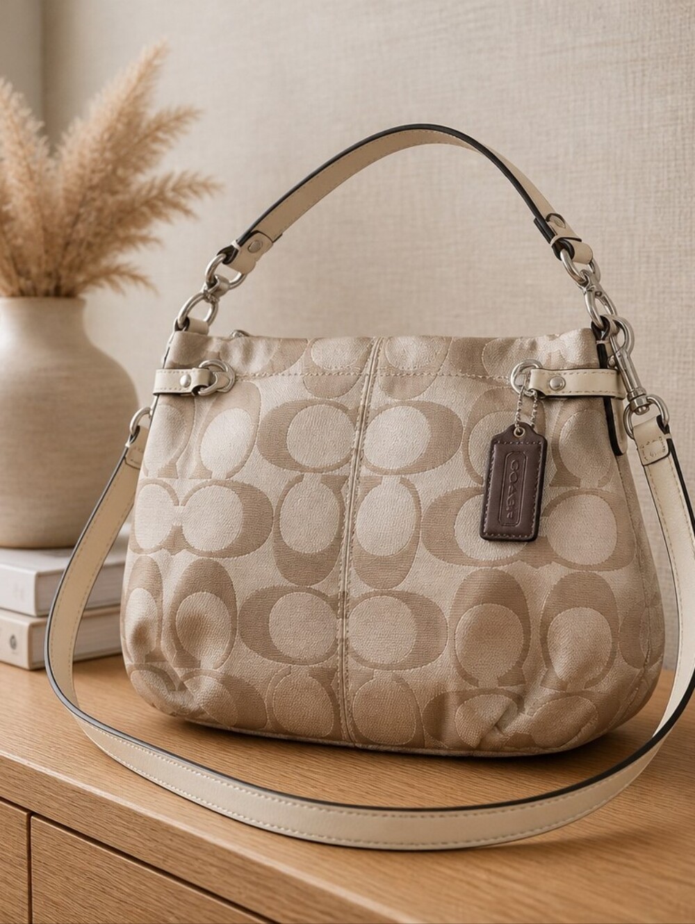 Coach Beige/Khaki Signature Jacquard Shoulder Bag EUC